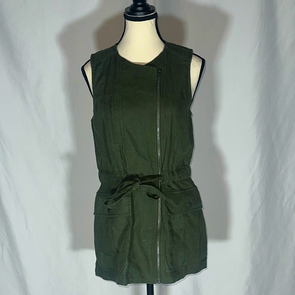 Athleta Linen Vest Top Army Green XS Zip Up Tie Waist Pockets Military Biker